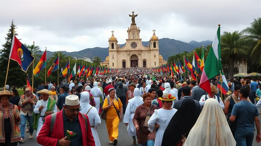 Peregrinos devotos llegando a la Basílica de Guadalupe el 12 de diciembre