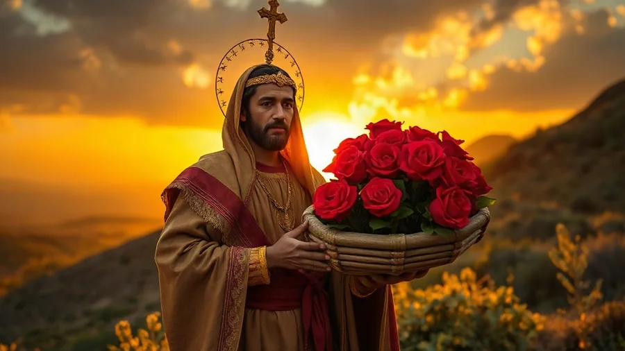 San Juan Diego en el cerro del Tepeyac con su tilma llena de rosas de Castilla