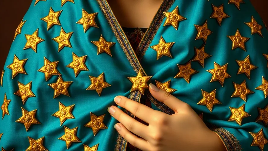 Detalle iconográfico del manto estrellado y la cinta de maternidad guadalupana