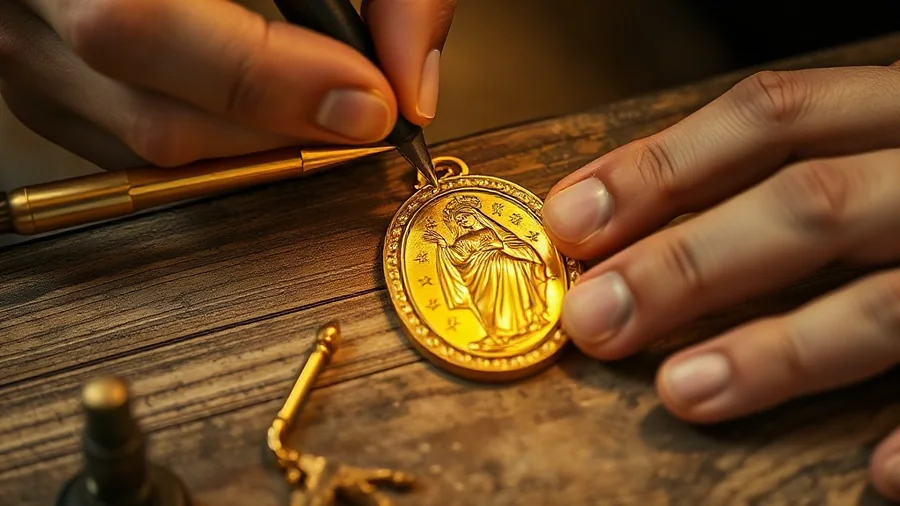 Orfebre artesano grabando medalla de la Virgen de Guadalupe en oro fino 14K