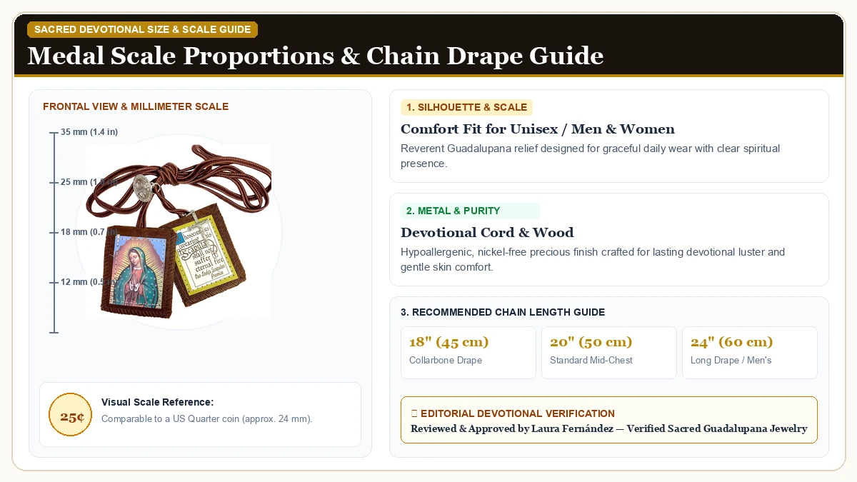 Size and millimeter scale measurement infographic: Our Lady of Guadalupe Brown Scapular with Medals in Devotional Cord & Wood with chain drape guide