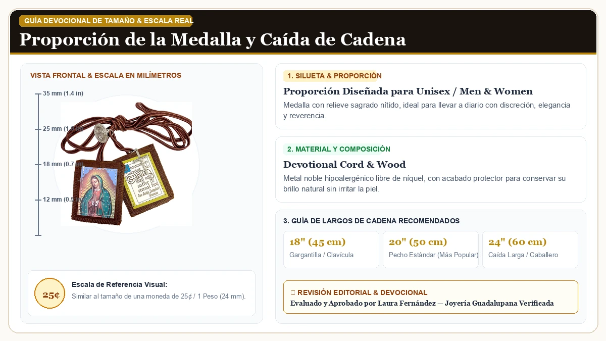 Infografía de escala y medidas en milímetros: Virgen de Guadalupe Brown Escapulario con Medallas en Cordón Devocional y Madera Sagrada con guía de tamaño y largo de cadena