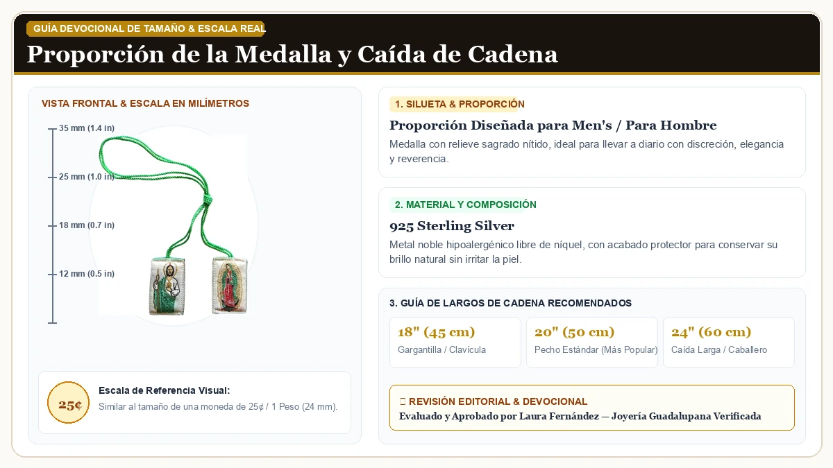Infografía de escala y medidas en milímetros: Angelitos de Mexico Escapulario De San Judas Tadeo con la Virgen  en Plata de Ley 925 Esterlina con guía de tamaño y largo de cadena