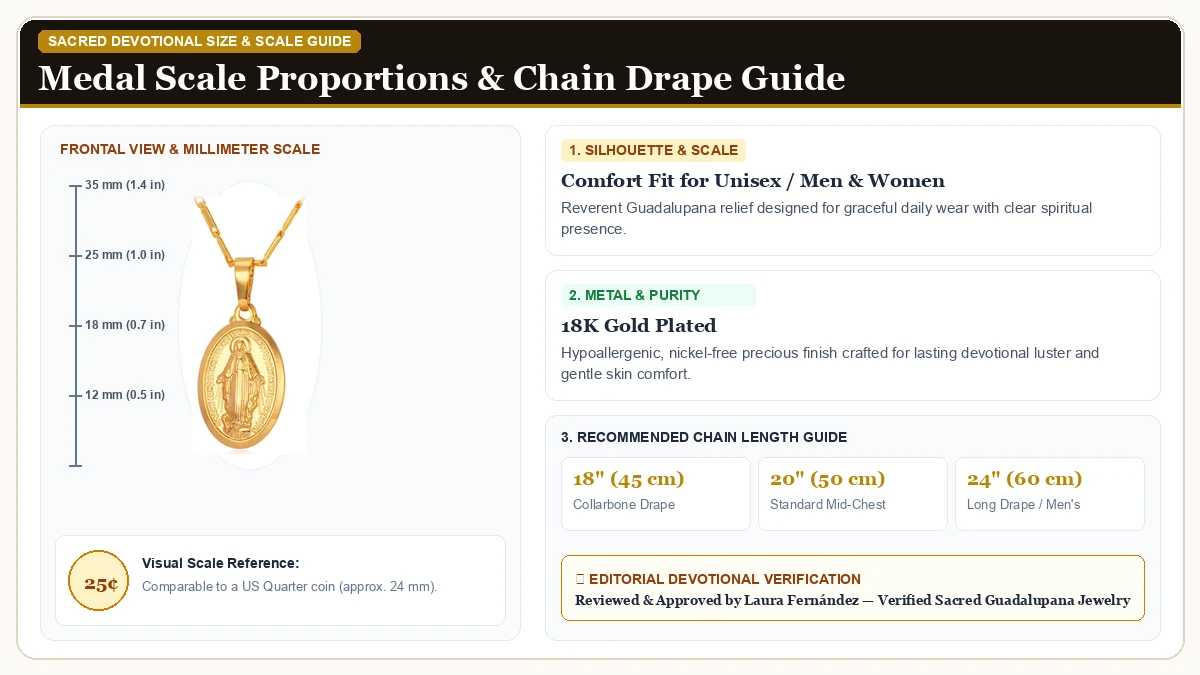 Size and millimeter scale measurement infographic: U7 Virgin Mary Necklace for Women,18K Gold Plated/Sterling Silver in 18K Gold Plated with chain drape guide