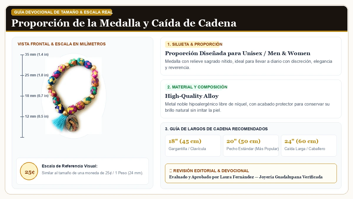 Infografía de escala y medidas en milímetros: Made in Mexico Virgen de Guadalupe colored palm Brazalete con Ora en Aleación Metálica Resistente Libre de Níquel con guía de tamaño y largo de cadena