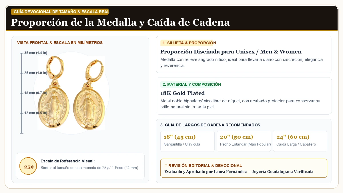Infografía de escala y medidas en milímetros: 18K Oro Plated Virgen María Medalla Colgante Collar Earring Set R en Chapa de Oro de 18K Reluciente con guía de tamaño y largo de cadena