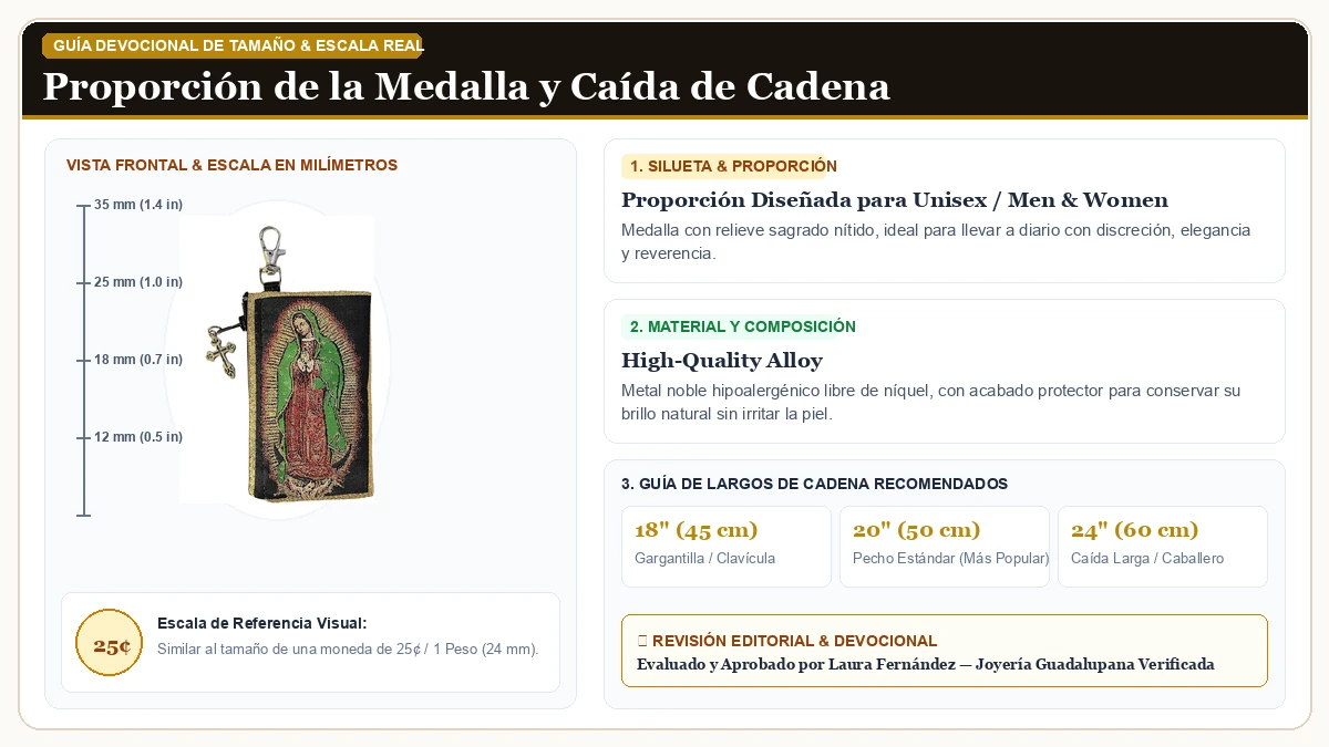 Infografía de escala y medidas en milímetros: Religioso Regalos Virgen de Guadalupe Tapestry Keepsake Rosary Ic en Aleación Metálica Resistente Libre de Níquel con guía de tamaño y largo de cadena
