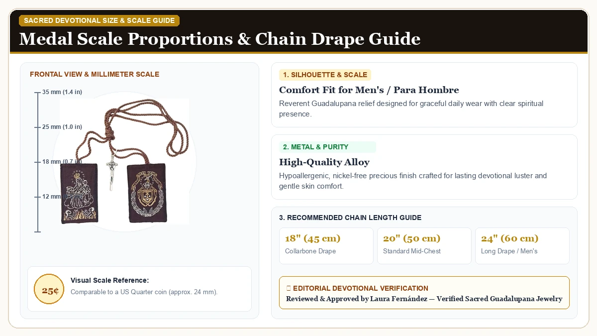 Size and millimeter scale measurement infographic: San Rafael Arcangel Scapular de la Virgen del Carmen in Hypoallergenic Metal Alloy with chain drape guide