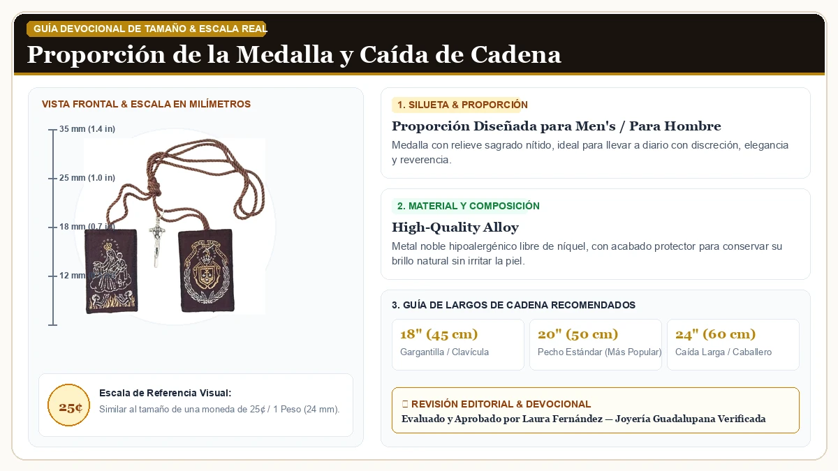 Infografía de escala y medidas en milímetros: San Rafael Arcangel Escapulario de la Virgen del Carmen en Aleación Metálica Resistente Libre de Níquel con guía de tamaño y largo de cadena