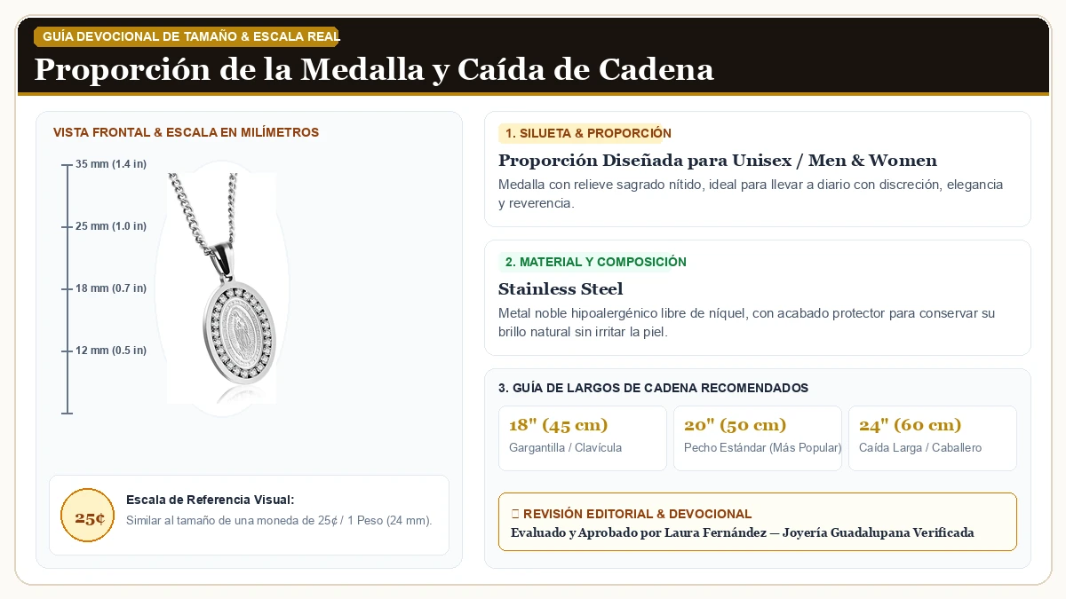 Infografía de escala y medidas en milímetros: TEMICO Stainless Steel Cubic Zirconia Virgen de Guadalupe Virgen  en Acero Quirúrgico Inoxidable 316L con guía de tamaño y largo de cadena
