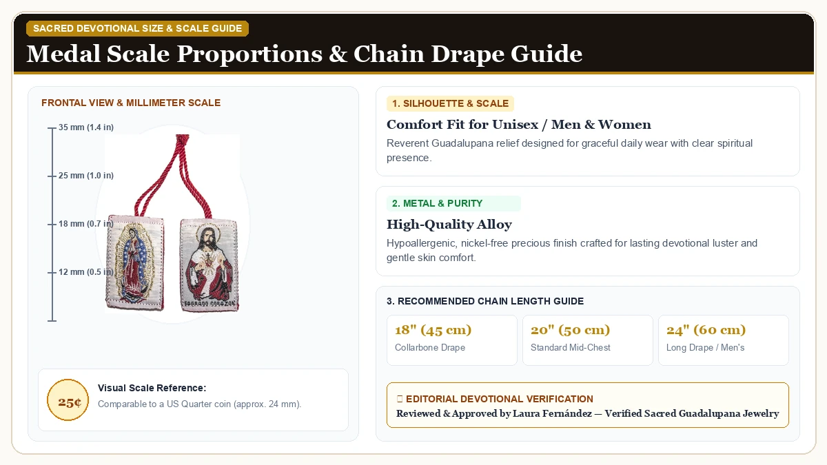Size and millimeter scale measurement infographic: Scapulary of The Sacred Heart of Jesus and Our Lady of Guadalupe in Hypoallergenic Metal Alloy with chain drape guide