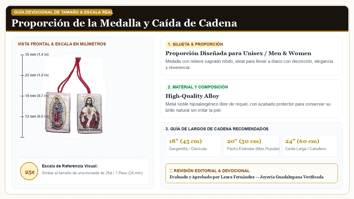 Infografía de escala y medidas en milímetros: Scapulary of The Sacred Heart of Jesus y Virgen de Guadalupe en Aleación Metálica Resistente Libre de Níquel con guía de tamaño y largo de cadena