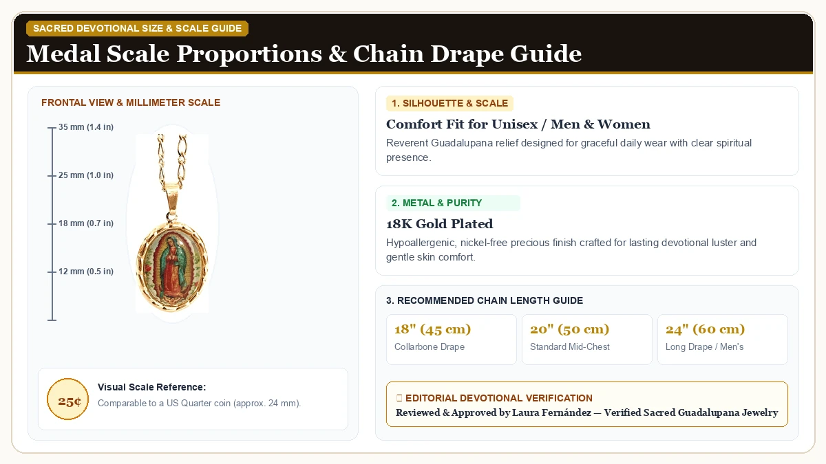 Size and millimeter scale measurement infographic: LESLIE BOULES Our Lady of Guadalupe Medal Necklace for Women 18K  in 18K Gold Plated with chain drape guide