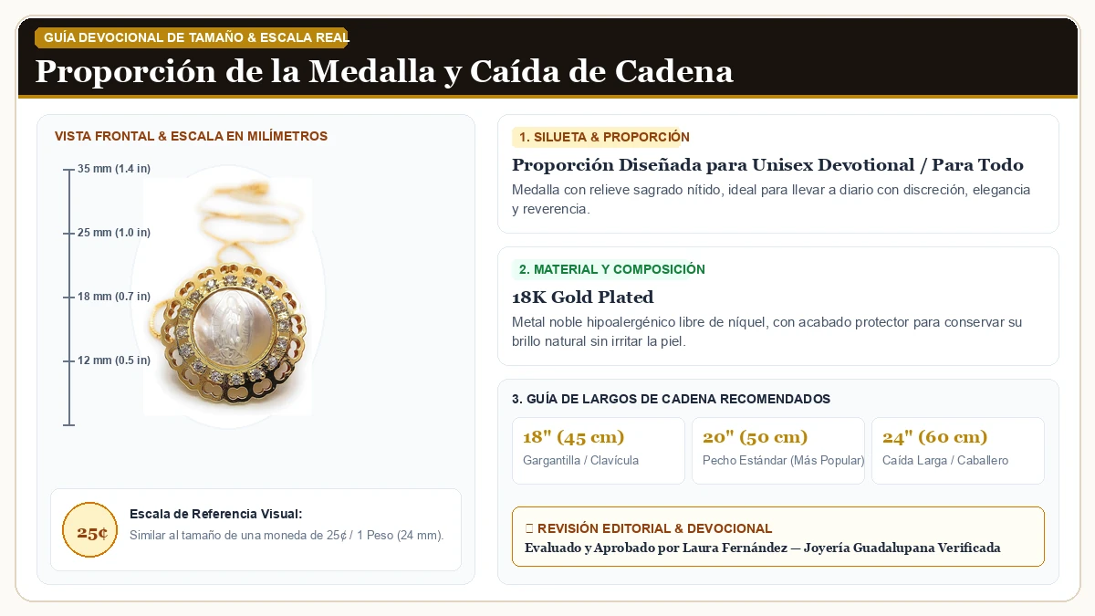Infografía de escala y medidas en milímetros: LESLIE BOULES Virgen de Guadalupe Medalla 18K Oro Plated Cadena R en Chapa de Oro de 18K Reluciente con guía de tamaño y largo de cadena