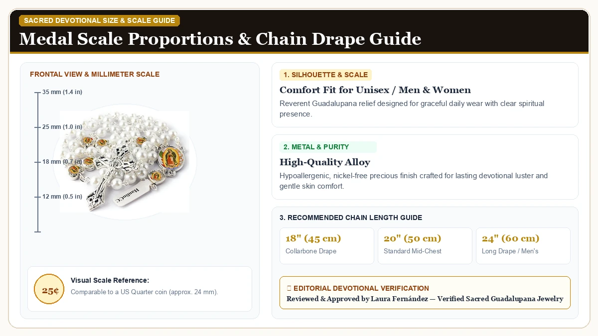 Size and millimeter scale measurement infographic: HanlinCC Glass Pearl Beads Our Lady of Guadalupe Epoxy Heart Meta in Hypoallergenic Metal Alloy with chain drape guide