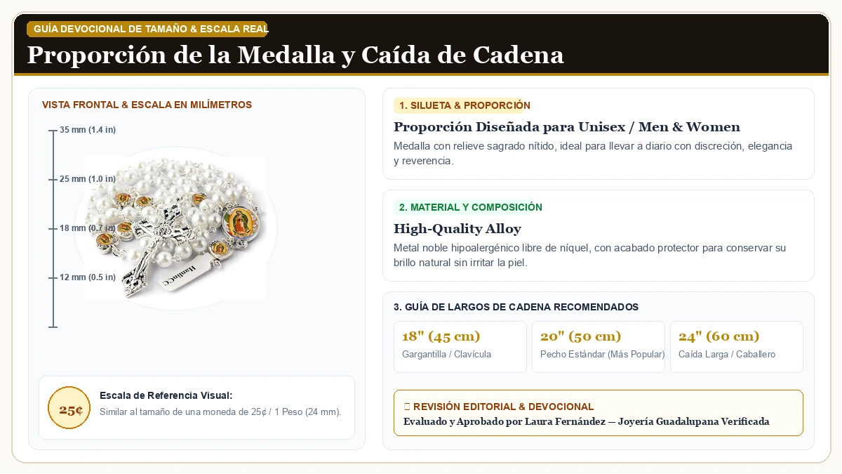 Infografía de escala y medidas en milímetros: HanlinCC Glass Pearl Beads Virgen de Guadalupe Epoxy Heart Metal  en Aleación Metálica Resistente Libre de Níquel con guía de tamaño y largo de cadena