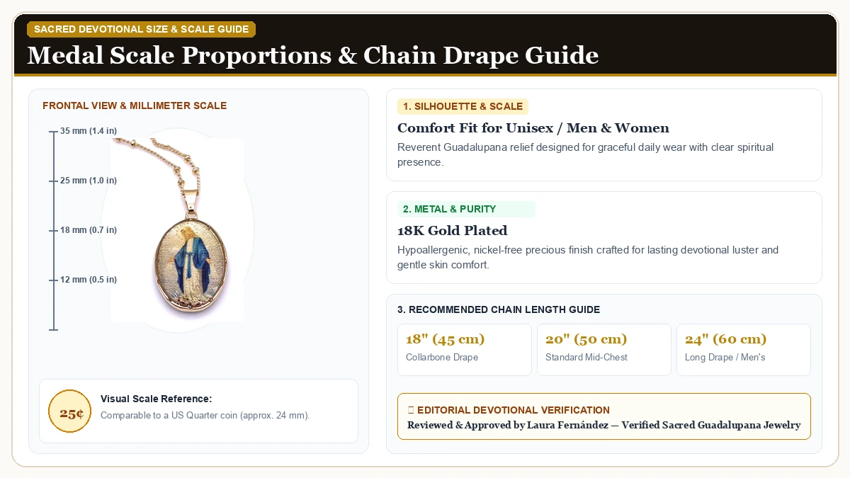 Size and millimeter scale measurement infographic: LESLIE BOULES Virgen La Milagrosa Pendant Necklace 18K Gold Plate in 18K Gold Plated with chain drape guide