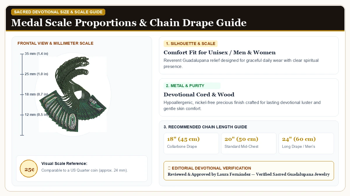 Size and millimeter scale measurement infographic: Needzo Bulk Saint Jude and Our Lady of Guadalupe Green Nylon Scap in Devotional Cord & Wood with chain drape guide