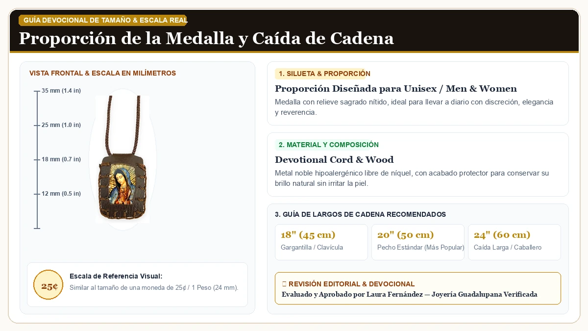 Infografía de escala y medidas en milímetros: Gigi's Classy Kids Virgen de Guadalupe Brown Escapulario Collar E en Cordón Devocional y Madera Sagrada con guía de tamaño y largo de cadena
