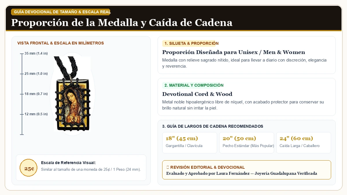 Infografía de escala y medidas en milímetros: Gigi's Classy Kids Virgen de Guadalupe Black Wood Wooden Escapula en Cordón Devocional y Madera Sagrada con guía de tamaño y largo de cadena