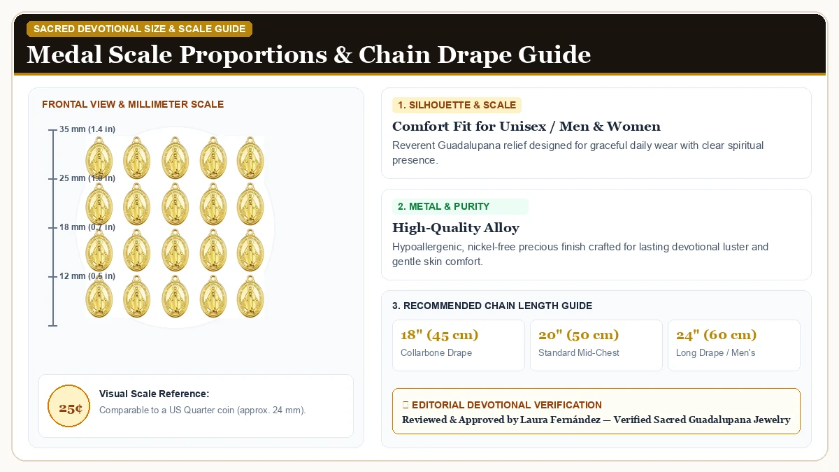 Size and millimeter scale measurement infographic: 60Pcs Oval Medal Milagrosa de La Virgin Mary Charms Alloy Our Lad in Hypoallergenic Metal Alloy with chain drape guide