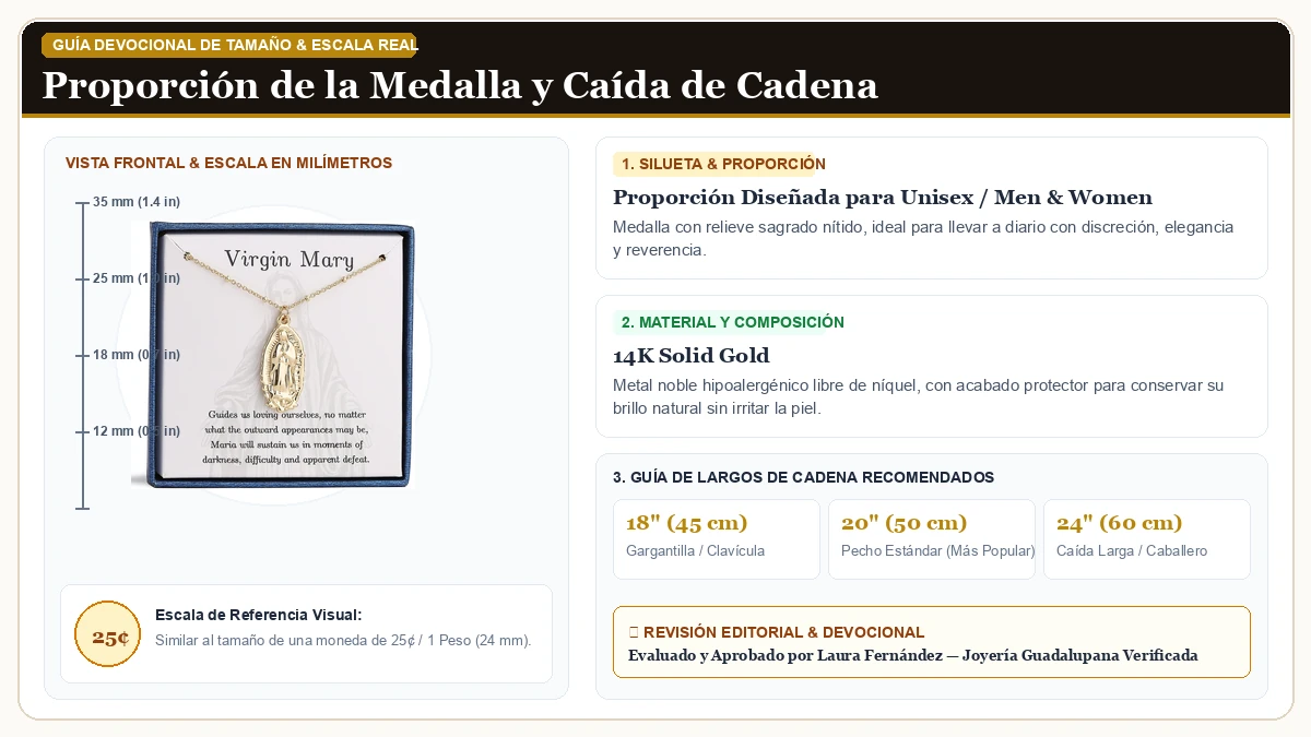 Infografía de escala y medidas en milímetros: Ascona Católico First Communion/Confirmation Regalos para Dama Te en Oro Sólido de 14 Quilates con guía de tamaño y largo de cadena