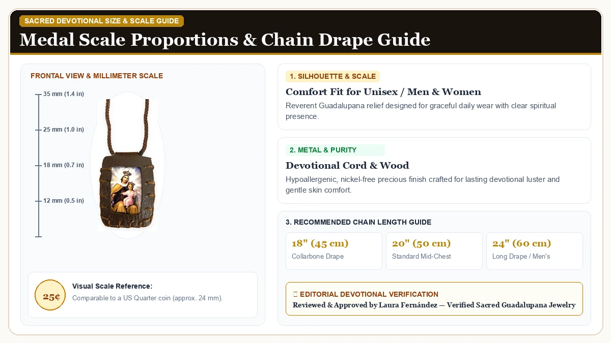 Size and millimeter scale measurement infographic: Our Lady of Mount Carmel Our Lady of Guadalupe Virgin Mary Brown  in Devotional Cord & Wood with chain drape guide