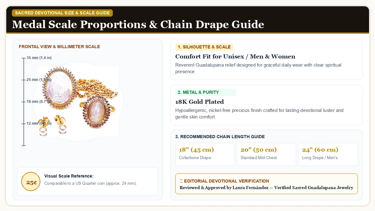 Size and millimeter scale measurement infographic: Our Lady of Guadalupe Mother's Day 3 Pcs Gift Necklace, Earrings, in 18K Gold Plated with chain drape guide