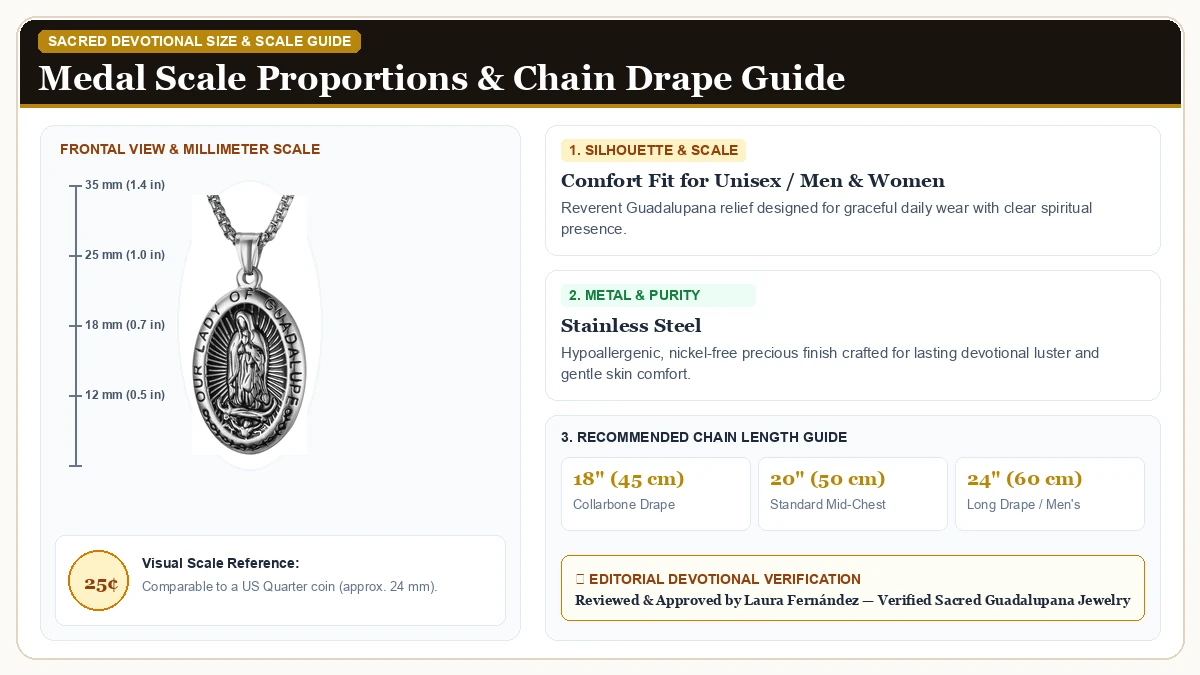 Size and millimeter scale measurement infographic: Virgin Mary Necklace,Our Lady of Guadalupe Necklace for Men and W in 316L Stainless Steel with chain drape guide
