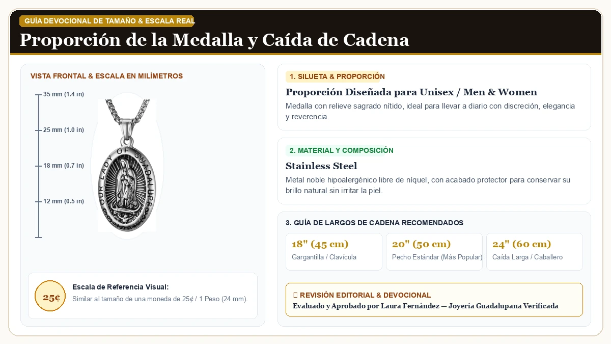 Infografía de escala y medidas en milímetros: Virgen María Collar,Virgen de Guadalupe Collar para Caballero y W en Acero Quirúrgico Inoxidable 316L con guía de tamaño y largo de cadena
