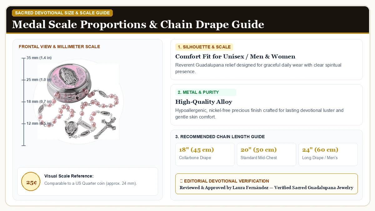 Size and millimeter scale measurement infographic: HanlinCC 6mm Glass Pearl Beads Catholic Our Lady of Guadalupe Ros in Hypoallergenic Metal Alloy with chain drape guide