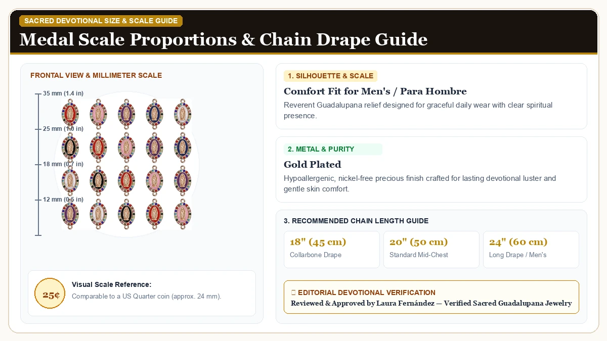Size and millimeter scale measurement infographic: 36Pcs 6Colors Our Lady of Guadalupe Charm Alloy Enamel Rhinestone in Gold Plated Alloy with chain drape guide