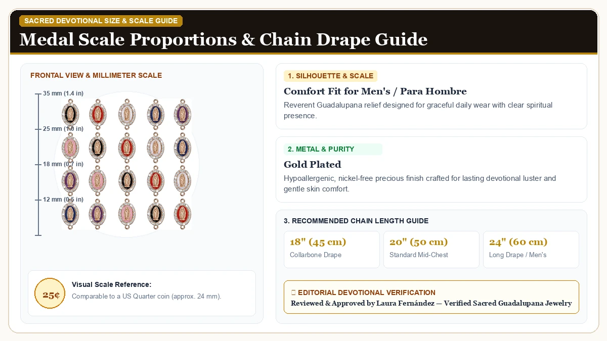 Size and millimeter scale measurement infographic: 36Pcs 6Colors Our Lady of Guadalupe Charm Alloy Enamel Rhinestone in Gold Plated Alloy with chain drape guide