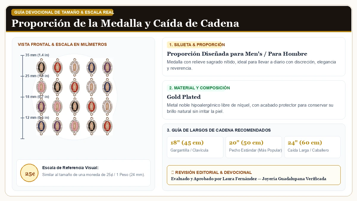 Infografía de escala y medidas en milímetros: 36Pcs 6Colors Virgen de Guadalupe Charm Alloy Enamel Rhinestones  en Chapa de Oro Duradera con guía de tamaño y largo de cadena