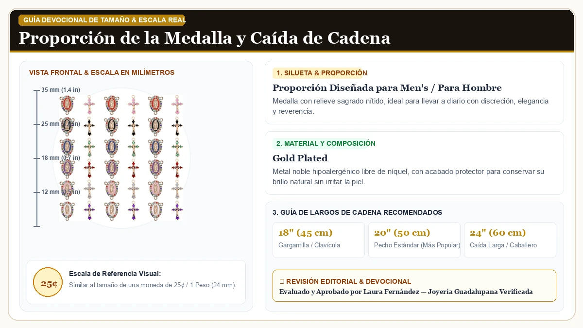Infografía de escala y medidas en milímetros: 48Pcs/24Sets Rosary Making Kits Supplies Cross y Center Medalla C en Chapa de Oro Duradera con guía de tamaño y largo de cadena