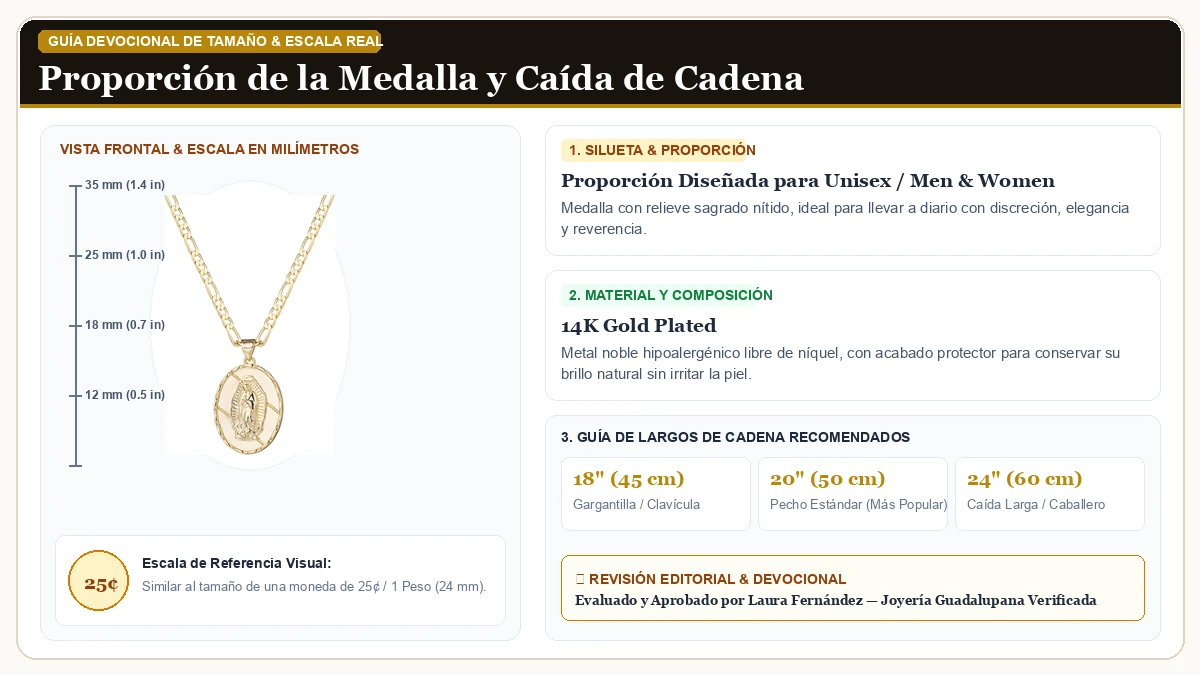 Infografía de escala y medidas en milímetros: kelistom 14K Oro Plated Virgen María Guadalupe Medalla Colgante C en Chapa de Oro de 14K de Alta Calidad con guía de tamaño y largo de cadena