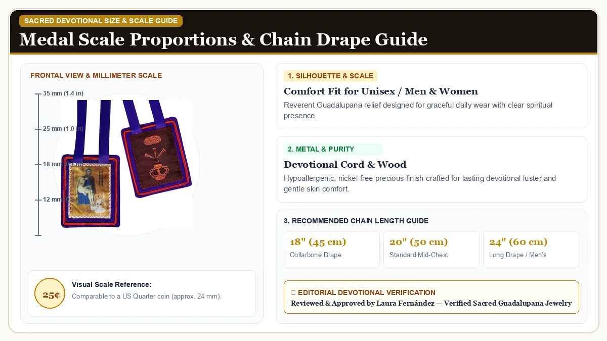 Size and millimeter scale measurement infographic: Scapulars Catholic,Purple Scapular of Benediction and Protection, in Devotional Cord & Wood with chain drape guide
