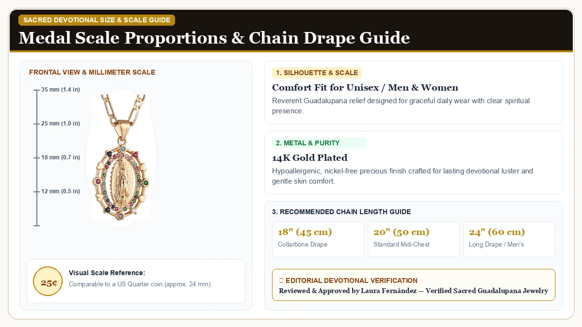 Size and millimeter scale measurement infographic: HZMAN 14K Gold Plated Virgin Mary Prayer Necklace Our Lady of Gua in 14K Gold Plated Brass with chain drape guide