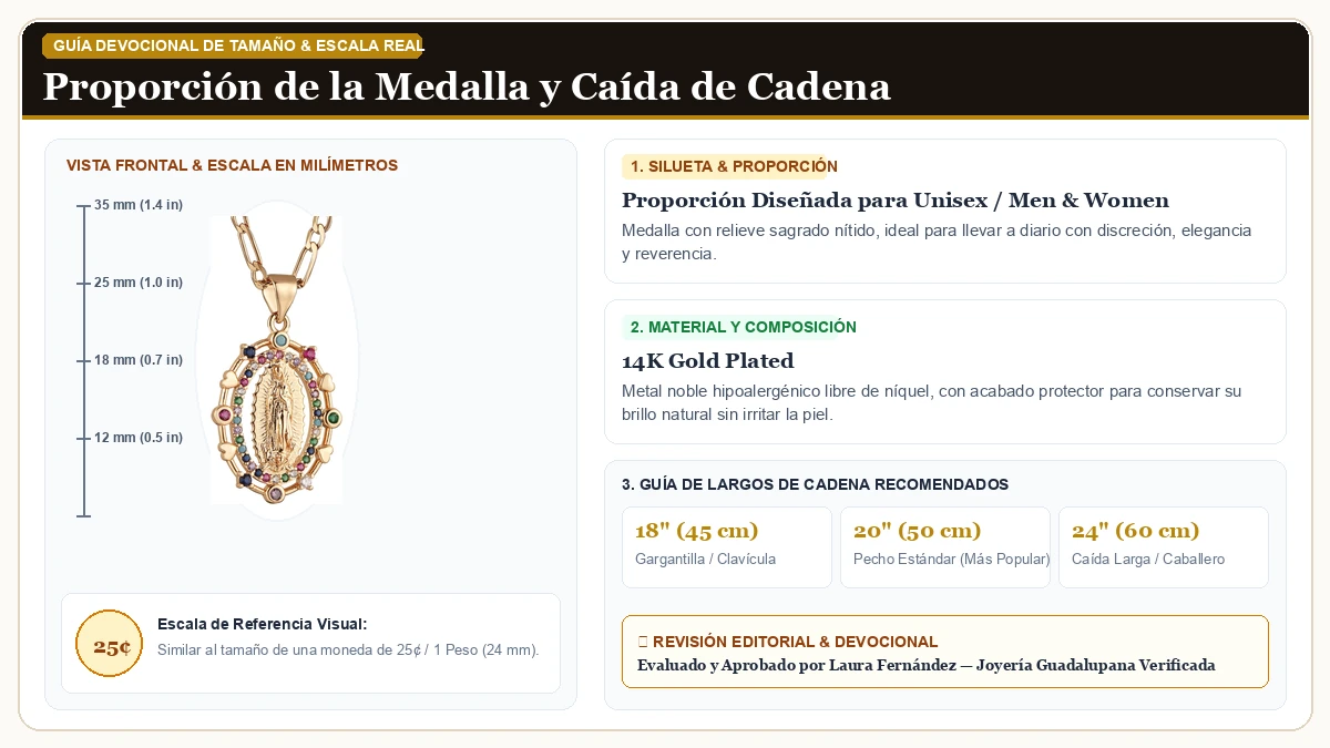 Infografía de escala y medidas en milímetros: HZMAN 14K Oro Plated Virgen María Oración Collar Virgen de Guadal en Chapa de Oro de 14K de Alta Calidad con guía de tamaño y largo de cadena