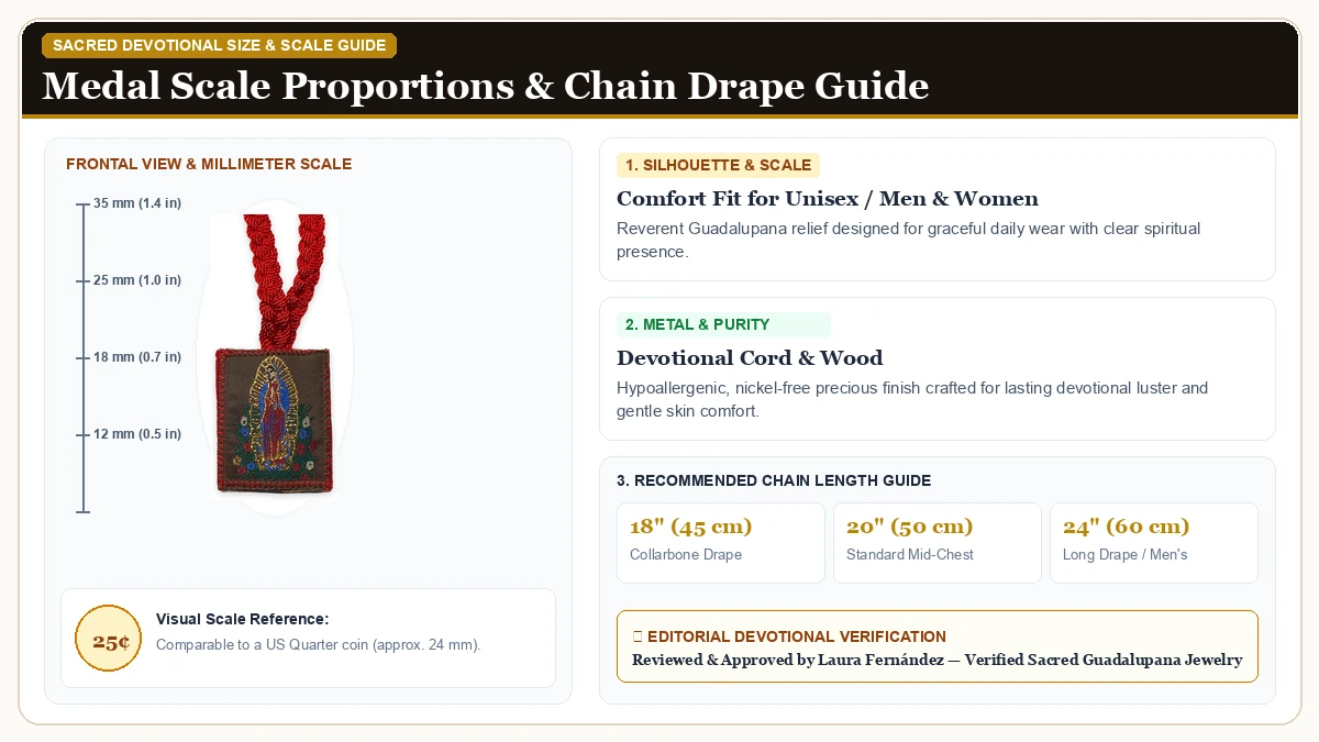 Size and millimeter scale measurement infographic: Our Lady of Guadalupe Corded Red Scapular Necklace Scapular Rojo  in Devotional Cord & Wood with chain drape guide