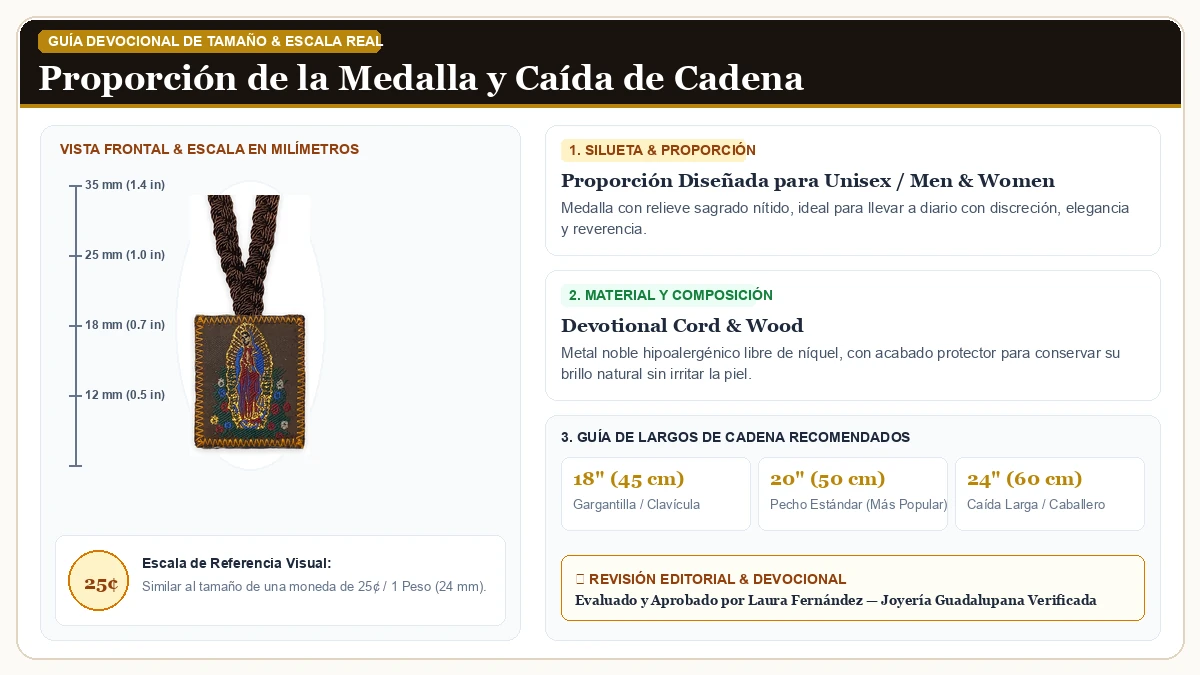 Infografía de escala y medidas en milímetros: Virgen de Guadalupe Corded Brown Escapulario Collar Escapulario C en Cordón Devocional y Madera Sagrada con guía de tamaño y largo de cadena