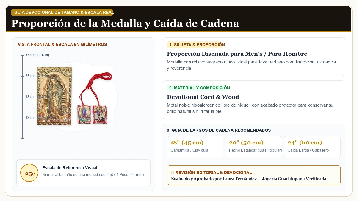 Infografía de escala y medidas en milímetros: Virgen de Guadalupe Tarjeta de Oracion con Escapulario Virgen de  en Cordón Devocional y Madera Sagrada con guía de tamaño y largo de cadena