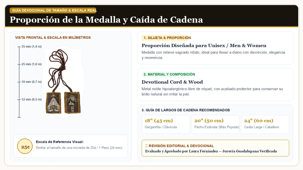 Infografía de escala y medidas en milímetros: Our Lady of Juquila Virgen María Brown Escapulario Collar Escapul en Cordón Devocional y Madera Sagrada con guía de tamaño y largo de cadena