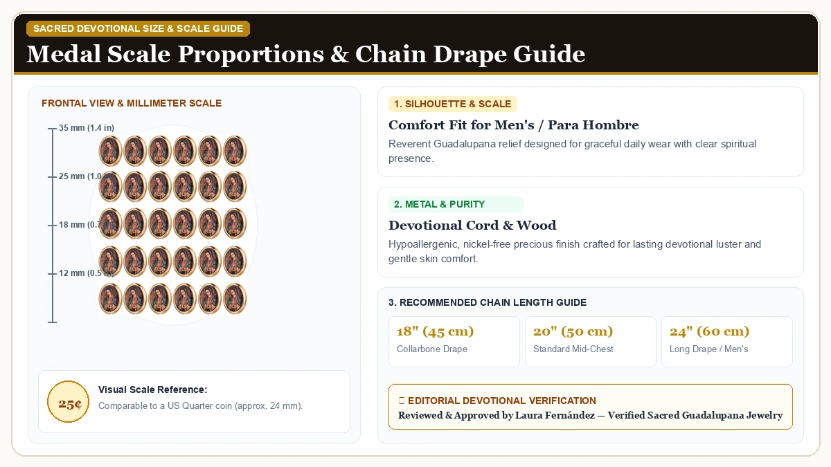 Size and millimeter scale measurement infographic: 30 Pieces Our Lady of Guadalupe Saint Jude Spacer Beads for DIY R in Devotional Cord & Wood with chain drape guide