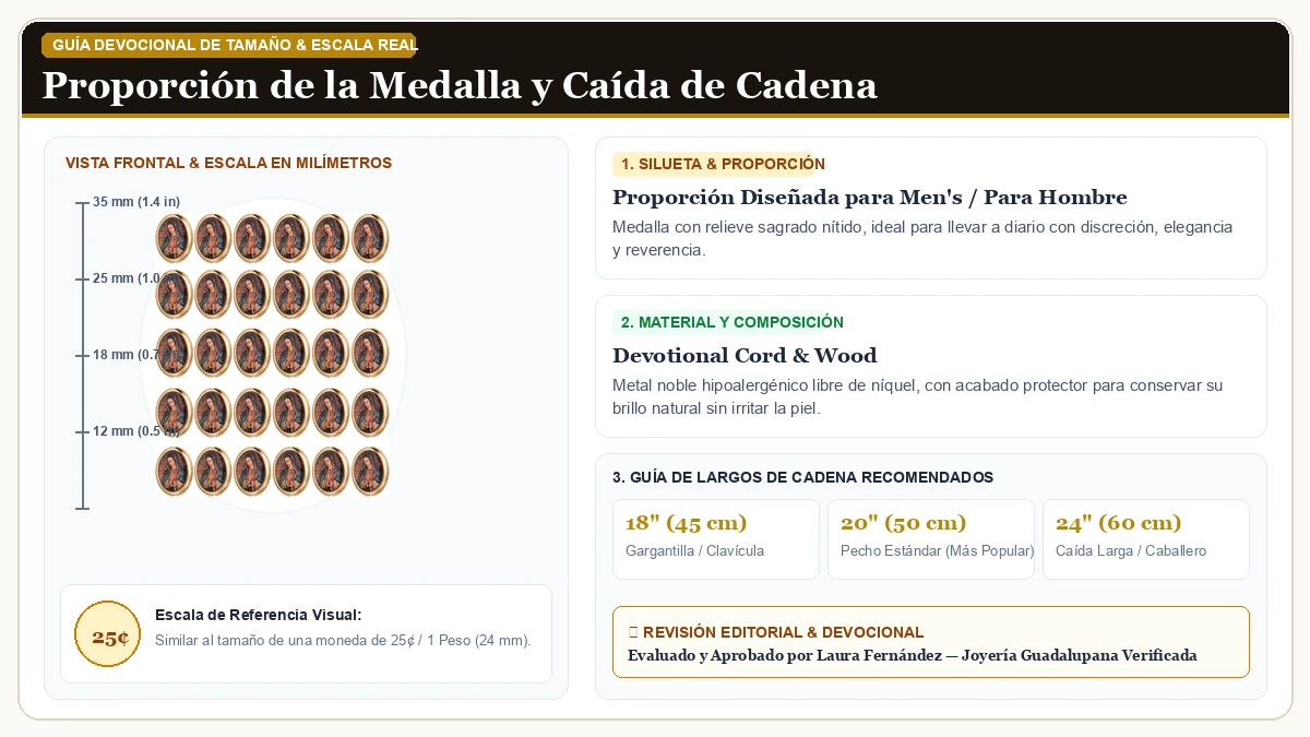 Infografía de escala y medidas en milímetros: 30 Pieces Virgen de Guadalupe San Judas Tadeo Spacer Beads for DI en Cordón Devocional y Madera Sagrada con guía de tamaño y largo de cadena