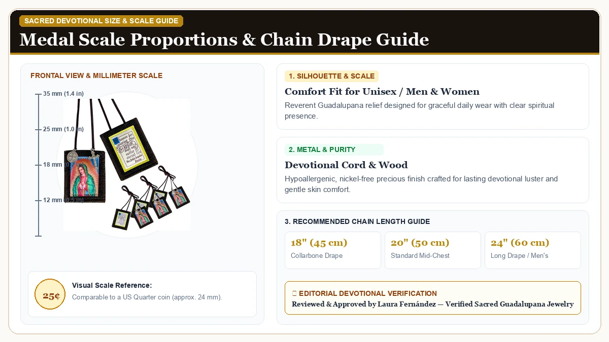 Size and millimeter scale measurement infographic: Scapulars Catholic,3 Pack Bulk Brown Scapular Of Our Lady of Guad in Devotional Cord & Wood with chain drape guide