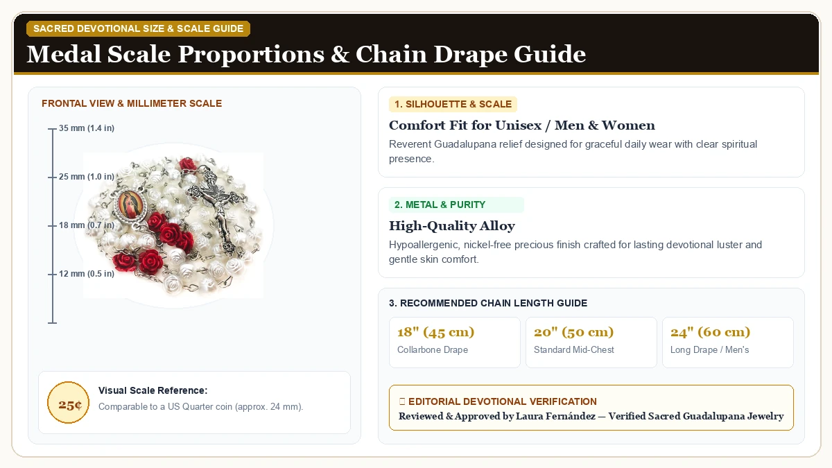 Size and millimeter scale measurement infographic: Our Lady of Guadalupe Pearly Rose Rosary Beads Catholic for Women in Hypoallergenic Metal Alloy with chain drape guide