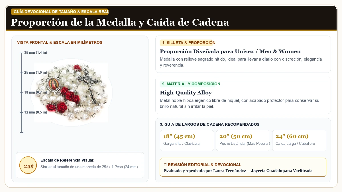 Infografía de escala y medidas en milímetros: Virgen de Guadalupe Pearly Rose Rosary Beads Católico para Dama en Aleación Metálica Resistente Libre de Níquel con guía de tamaño y largo de cadena