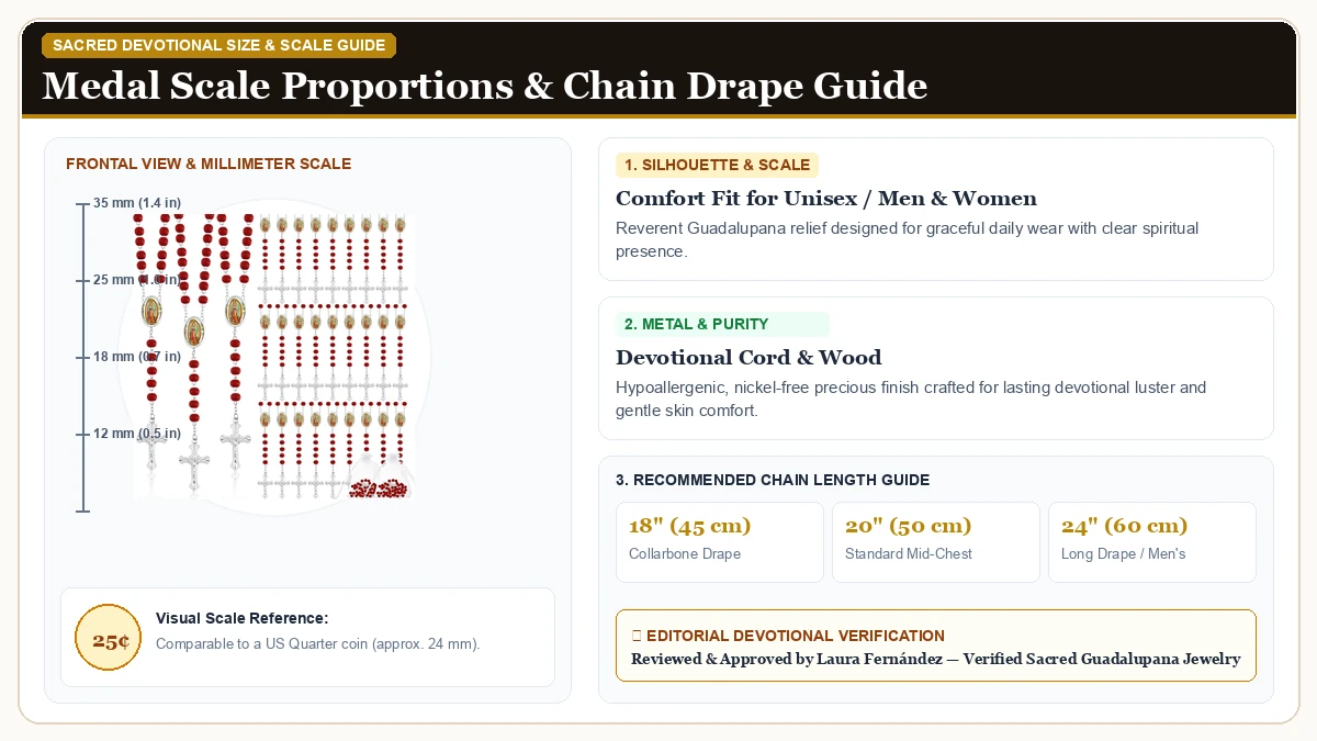 Size and millimeter scale measurement infographic: Taiyin Wooden Bead Rosary Necklace with Crucifix and Our Lady of  in Devotional Cord & Wood with chain drape guide