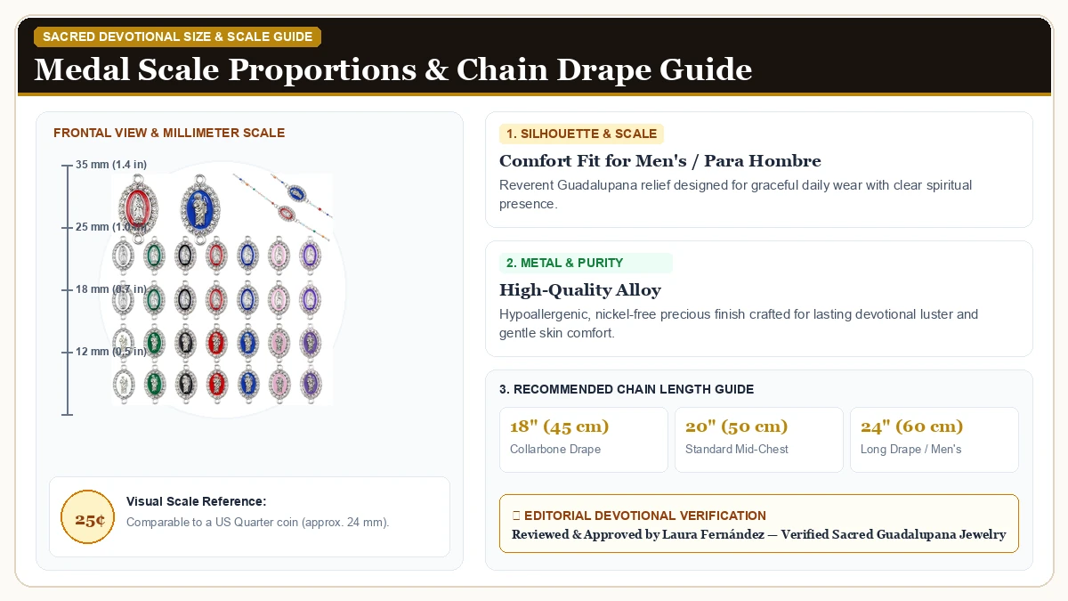 Size and millimeter scale measurement infographic: 20 PCS Virgin Mary San Judas Charms for Bracelets Virgencita Our  in Hypoallergenic Metal Alloy with chain drape guide
